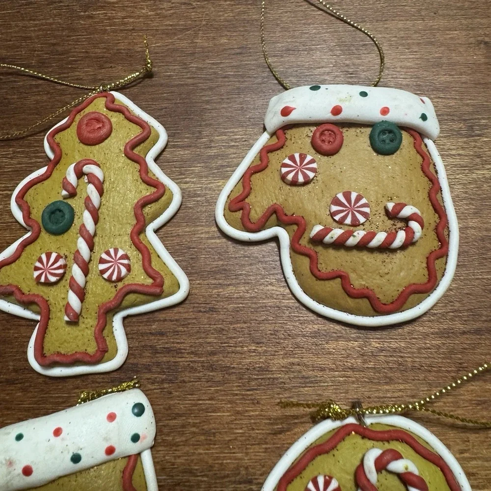 Set‎ Of 4 Christmas Ornaments Handmade Soft Clay - Stocking, Candy Cane, Tree